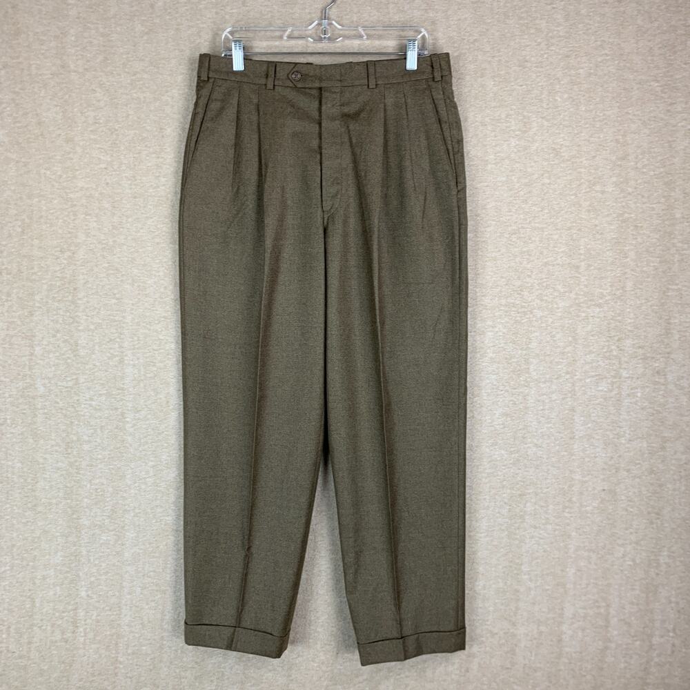Botto Giuseppe Italian Wool-Cashmere Pants 33x29 Brown Pleated Trousers Academia